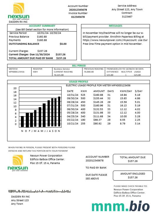 Panama Nexsun Power Corporation electricity rachunek za usługi komunalne słowo i szablon PDF